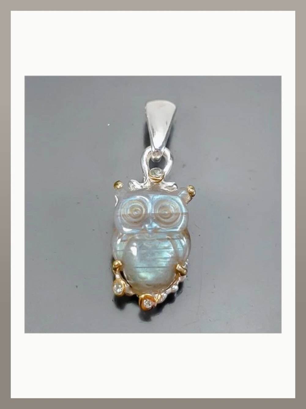 Pendant 10CT Natural Carved Labradorite Owl with Topaz Accents 925